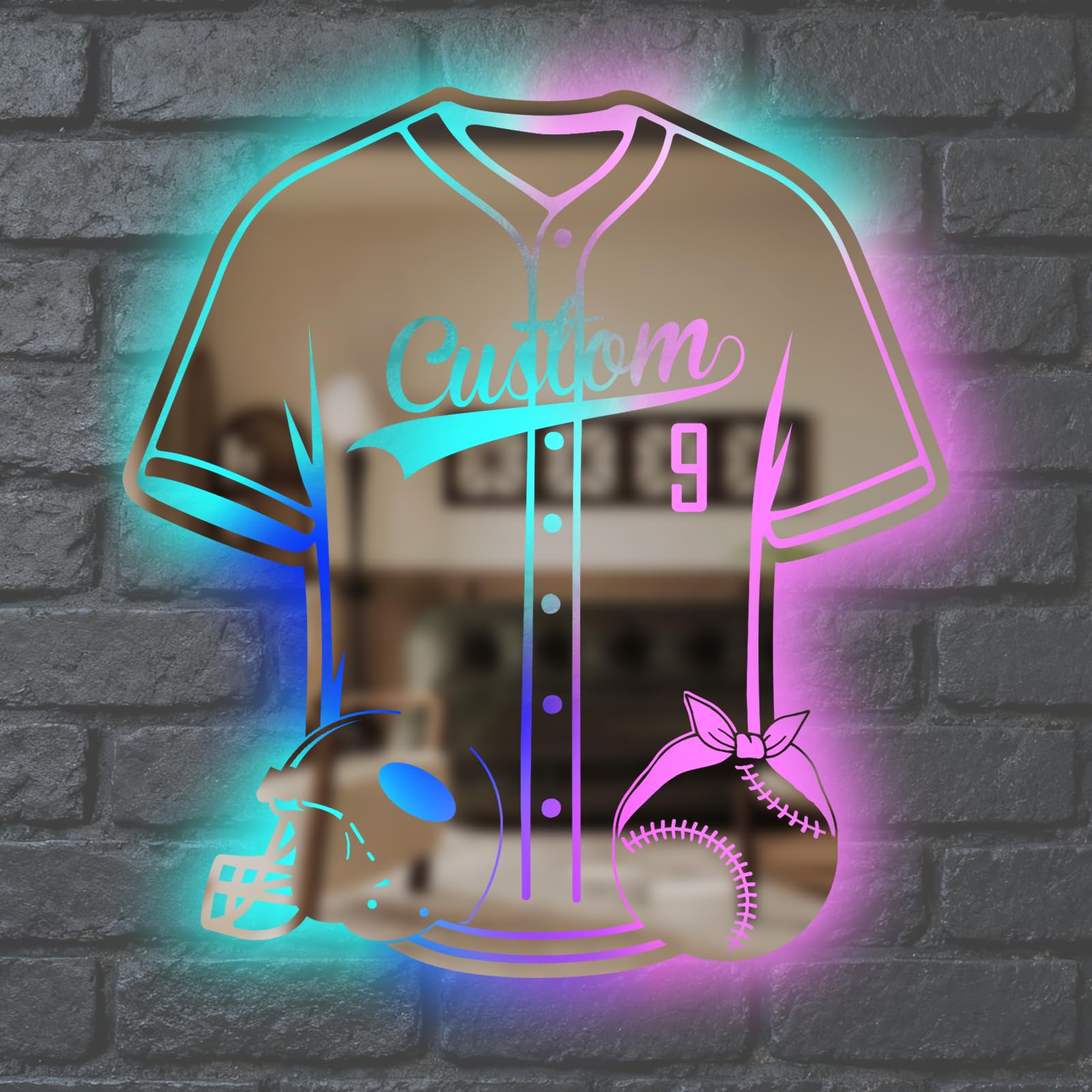 WolunLi Personalised Baseball Jersey Mirror Wall Night Light - Custom Name & Number LED Night Light for Bedroom, Kids Room Decor, Unique Sports Gift for Boys and Girls