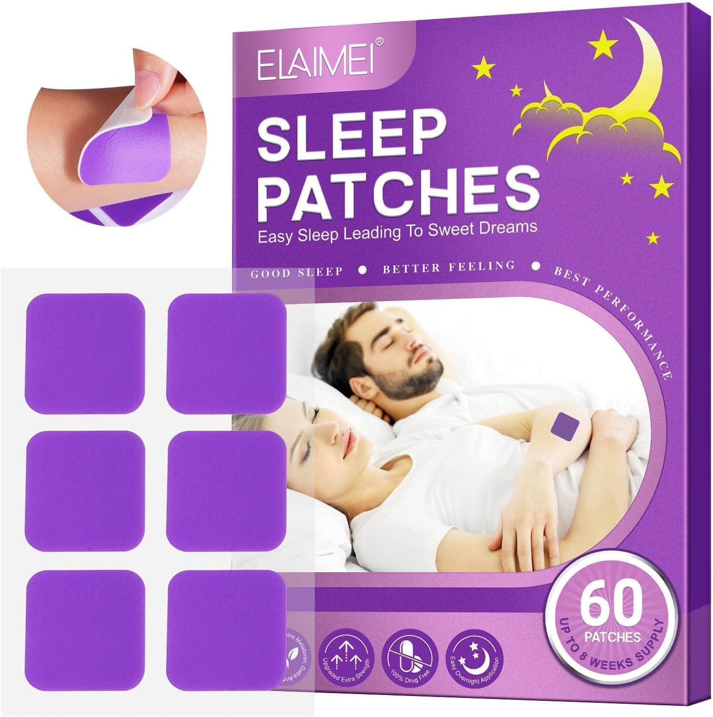 ELAIMEI Sleep Patches Sleep Strips Solution Sleeping Patch Transdermal Natural Ingredients Extra Strength Improved Night Sleeping Quality Stay Asleep All Night (60 Patches)