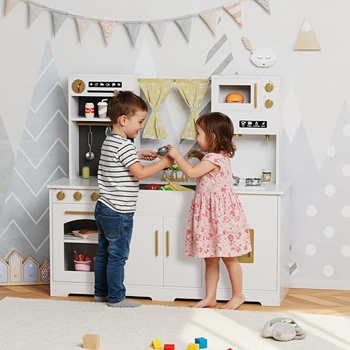 Miniatura 7 de MAMIZO Cocina de juego para niños, cocina de juguete de simulación de madera, juego de cocina grande para toodler, estufa y dispensador de agua con