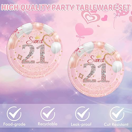 Miniatura 2 de 40 piezas de decoraciones de cumpleaños de 21 años, suministros para fiestas, platos y servilletas de cumpleaños 21, juego de vajilla de feliz