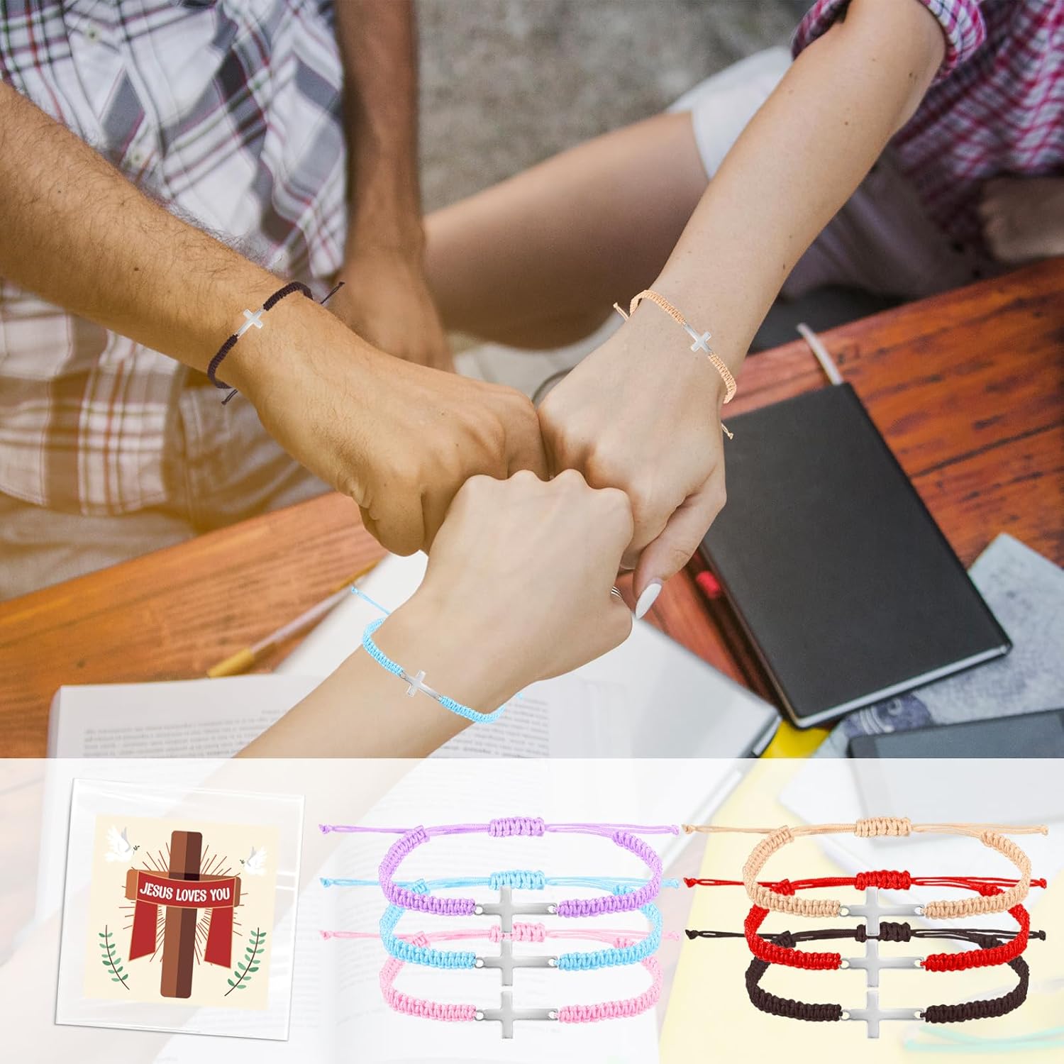 Christian Valentines Day Gift Cross Faith Bracelets Bulk, 6 Pcs Jesus Religious Braided Clay Beaded Bracelets, Elastic Adjustable Bracelet Jewelry Gift for Easter,Christmas,Baptism,Back to School,VBS - Image 3