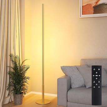 Marlrin Minimalist Corner Floor Lamp, Gold LED Standing Lamp | 57.8" slim metal design with remote control and 2700K-6500K dimmable ambient light for living rooms, bedrooms, and corners
