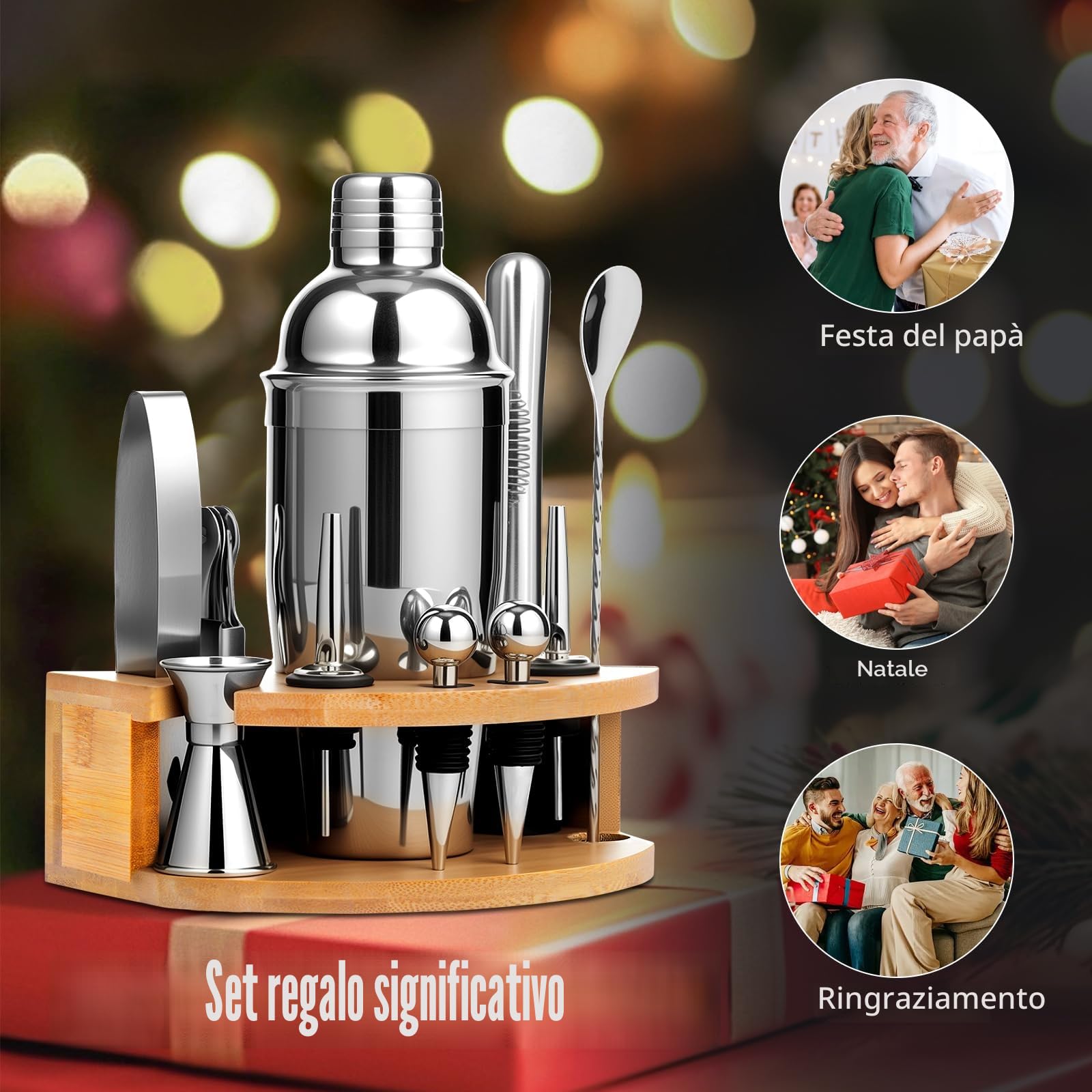 AOKITO Set Cocktail, Kit Cocktail Professionale in Acciaio Inossidabile da 12 Pezzi, Shaker da 750 ml, Kit Barman con Supporto in Legno per La Casa o il Bar
