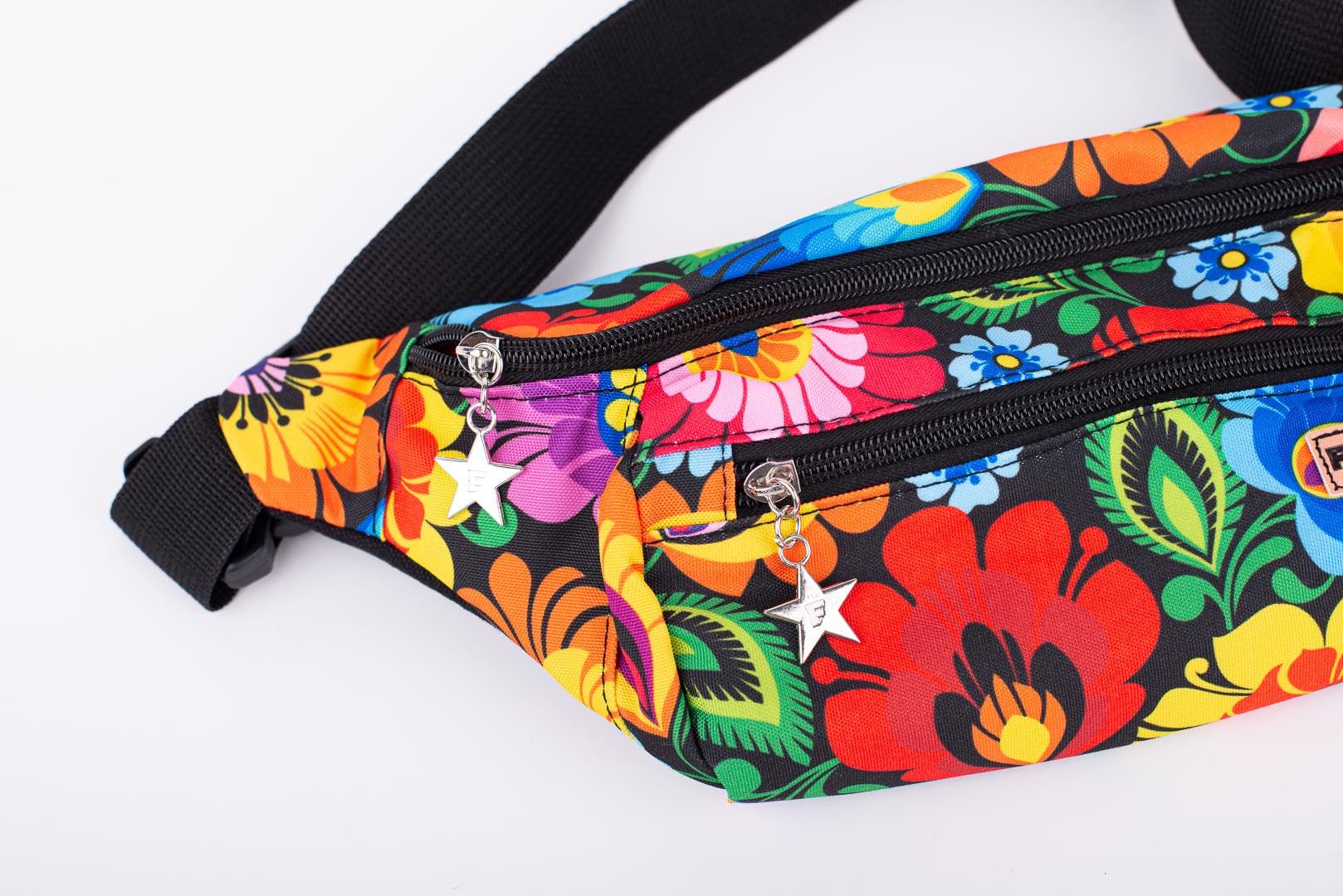Torba nerka crossbody unisex z 2 kieszeniami na zamek błyskawiczny, kwiatowy wzór polski, pamiątka z Polski, Łowicz Czarny, One Size, Kwiatowy crossbody