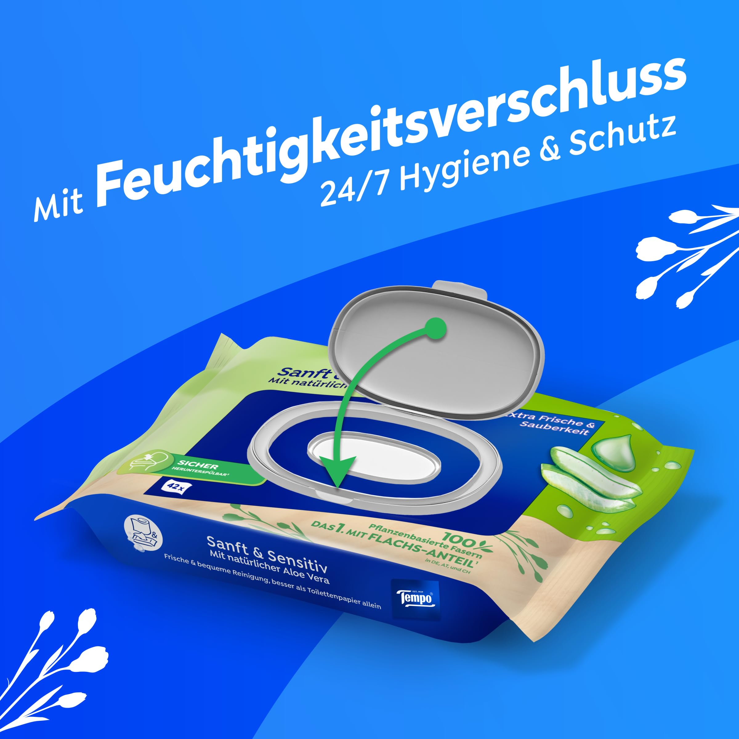 Tempo Wilgotne chusteczki toaletowe "Sanft & Sensitiv" – duży pakiet – 16 opakowań po 42 chusteczek – z naturalnym aloesem – wilgotny papier toaletowy, testowany dermatologicznie i neutralne pH