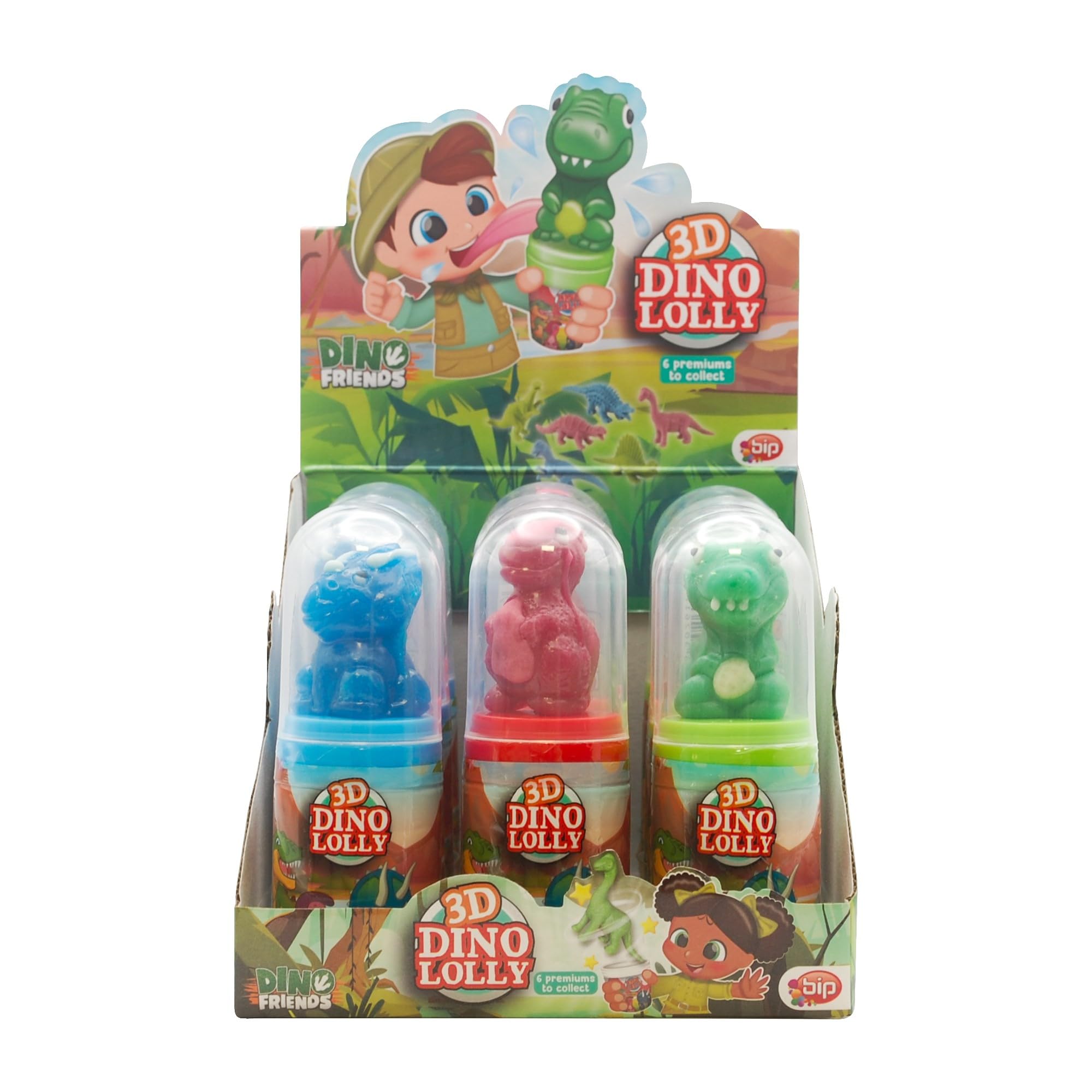 BIP - Dino and Friends 3D Dino Lolly, Dinosaur Design Lollipop, Fruit Flavoured Lollipop, Blue, Green And Red Colours Lollipops, Gluten-Free, Dairy-Free, Nut-Free, Fun Pop-Ups For Kids, 12 x 20g