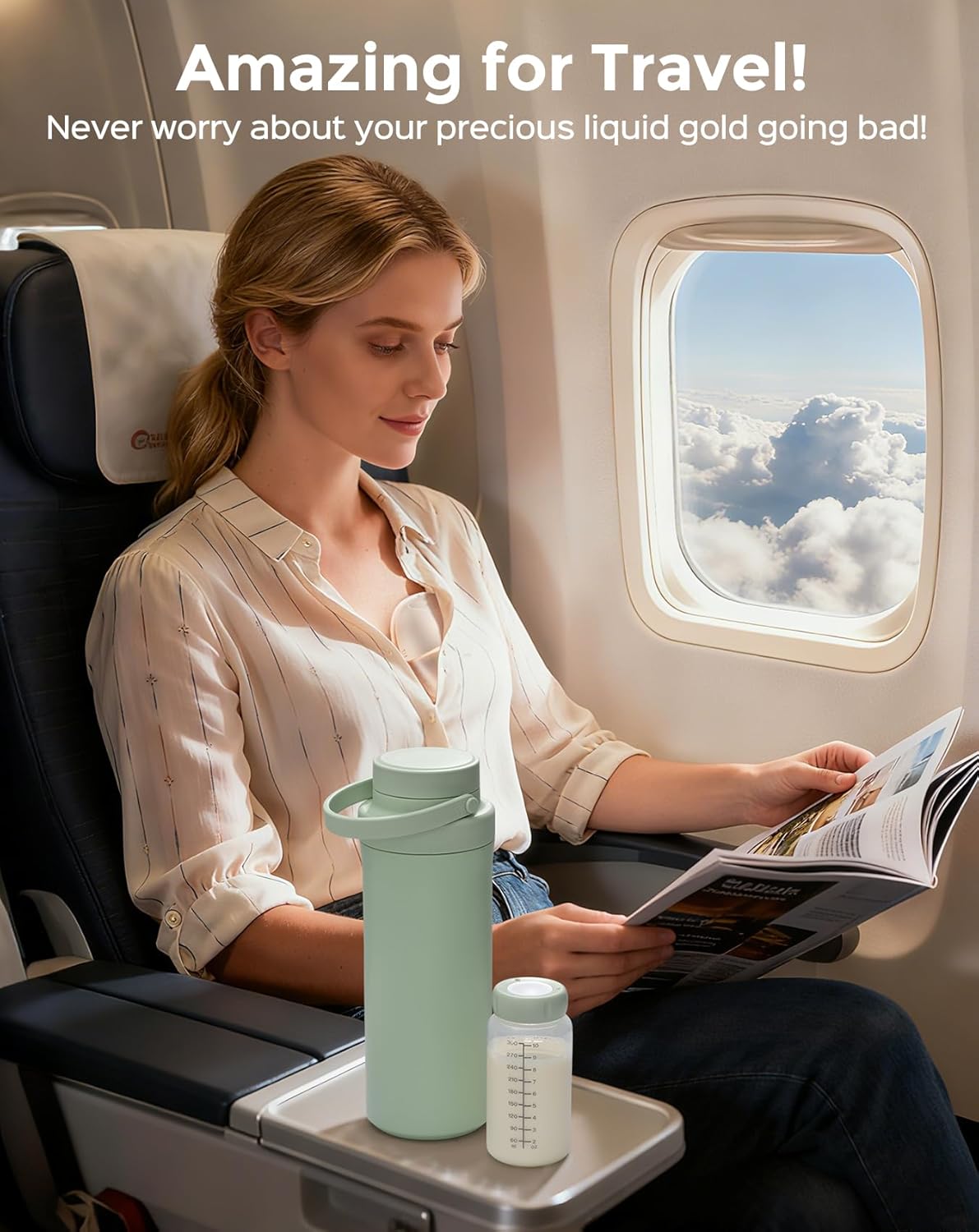 Woman on an airplane with the Xaproo Breast Milk Cooler and a baby bottle on her tray table, highlighting its travel-friendly design.