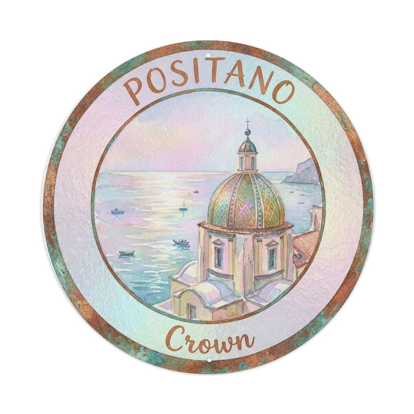 Mediterranean Amalfi Coast Positano Seaside Heritage Metal Tin Sign Plaque Wall Decor for Cafe, Man Cave, Club Bar, Office, Home Garden Round Metal Poster 8x8Inch