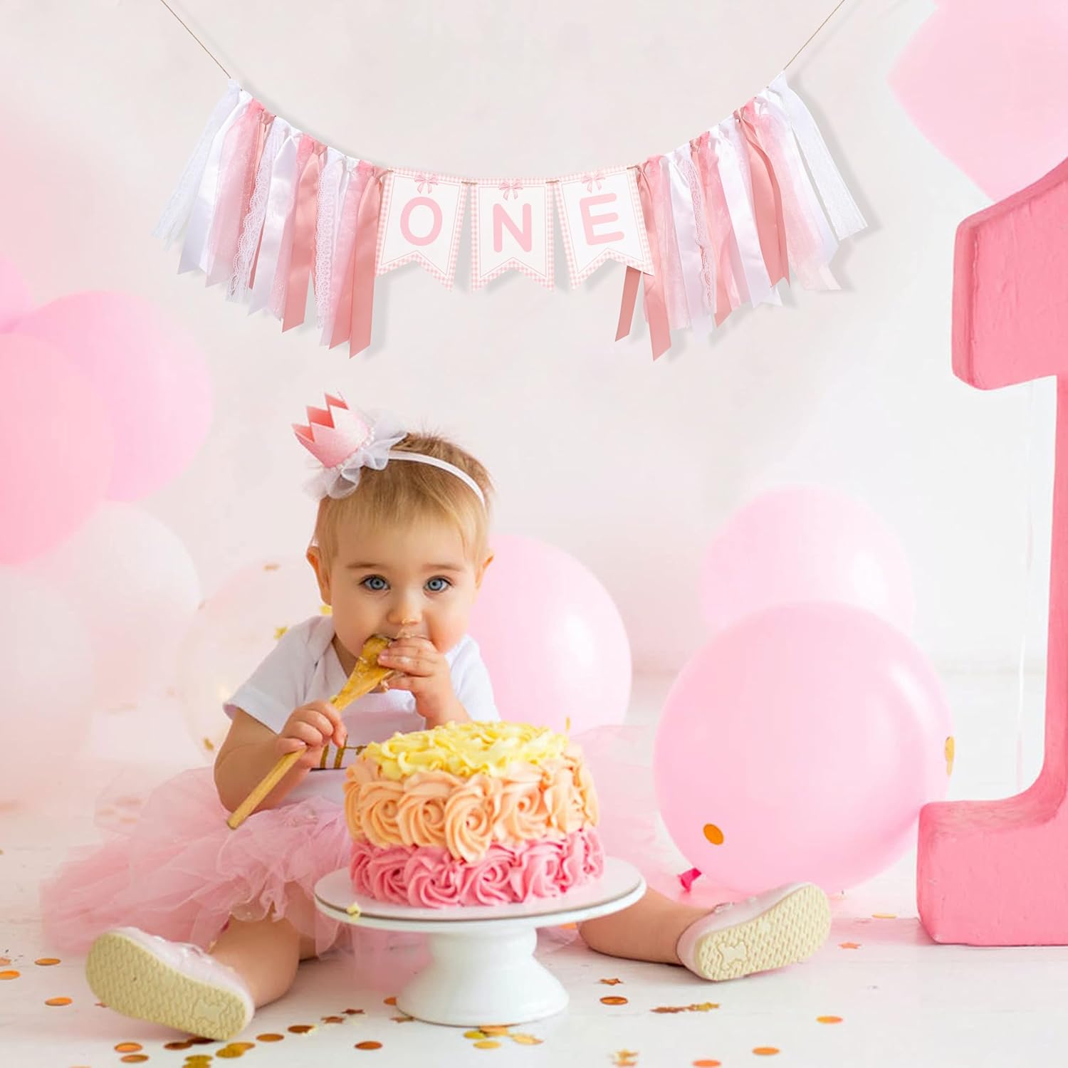 Pink Bow One High Chair Banner - One High Chair Bow Banner, Birthday Decoration, Ribbon Girl 1st Birthday - Image 4