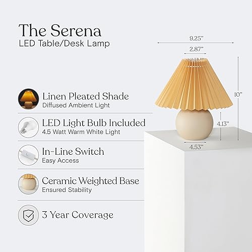 Miniatura 3 de Brightech Serena - Lámpara LED de mesa, moderna lámpara de cerámica con pantalla plisada para mesita de noche, escritorio, acogedora luz nocturna