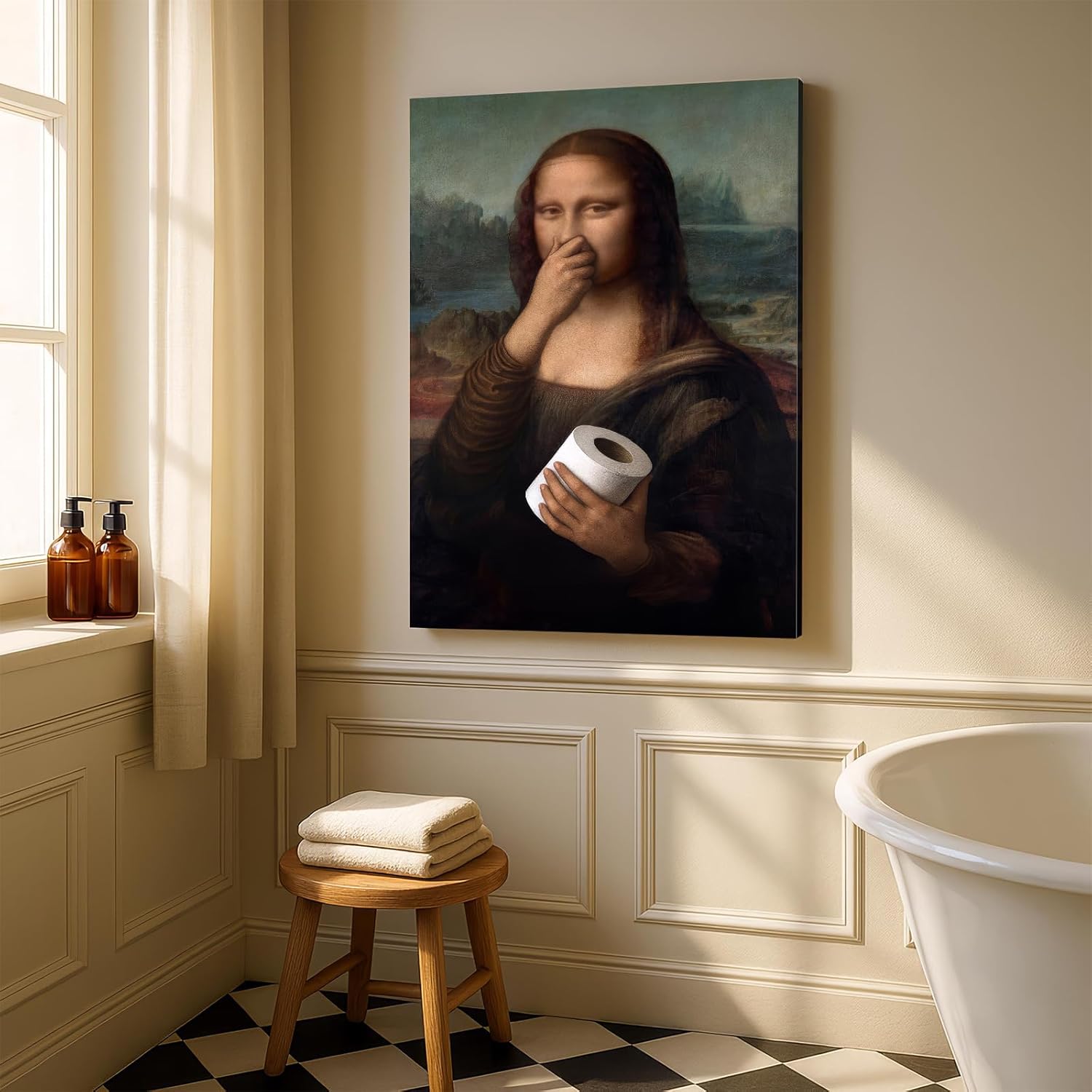 Funny Bathroom Canvas Wall Art Vintage Bathroom Mona Lisa Painting Pictures Wall Decor Vintage Humor Toilet Poster Print Pinching Nose Poster Prints Mona Lisa Artwork Home Decoration 12x16in