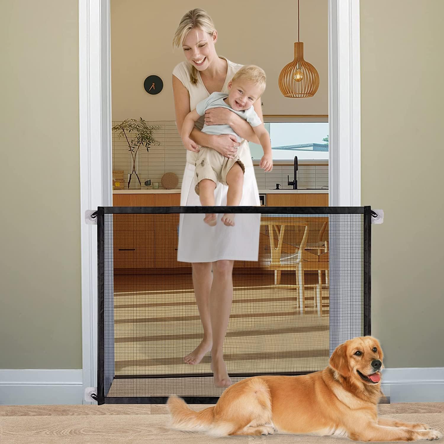 Paporich Portable Mesh Baby Gate, No Drilling Black Mesh Magic Pet Dog Gate, Easy-Install Child's Safety Gates, with 2 Poles & 4 Hooks, for Stairs/Doorways/Hallways (70.9"X 28.3")