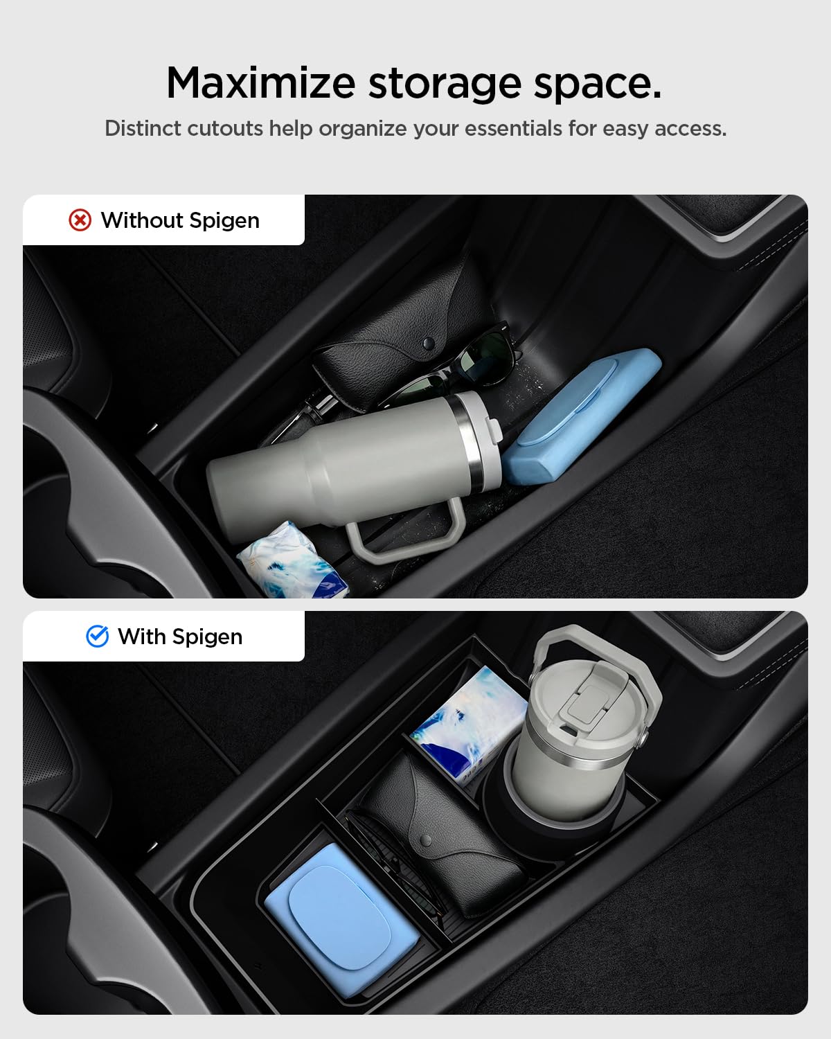 Spigen Tesla Model Y Juniper 2025 2026 (NUR Standard) Organizer für die untere Mittelkonsole mit Getränkehalter, Multifunktionale Aufbewahrungsbox, Premium-Innenraum-Zubehör für Tesla Model Y Juniper