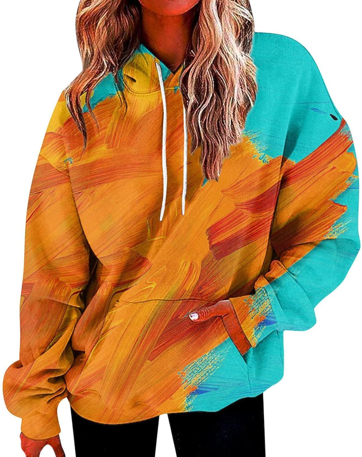 Dames Tie Dye Gedrukt Hoodie, Unieke Stijl Sweatshirt Lange Mouw Casual Sweater Losse Warme Hooded Pullover Tops Met Trekkoord En Tassen,D,M