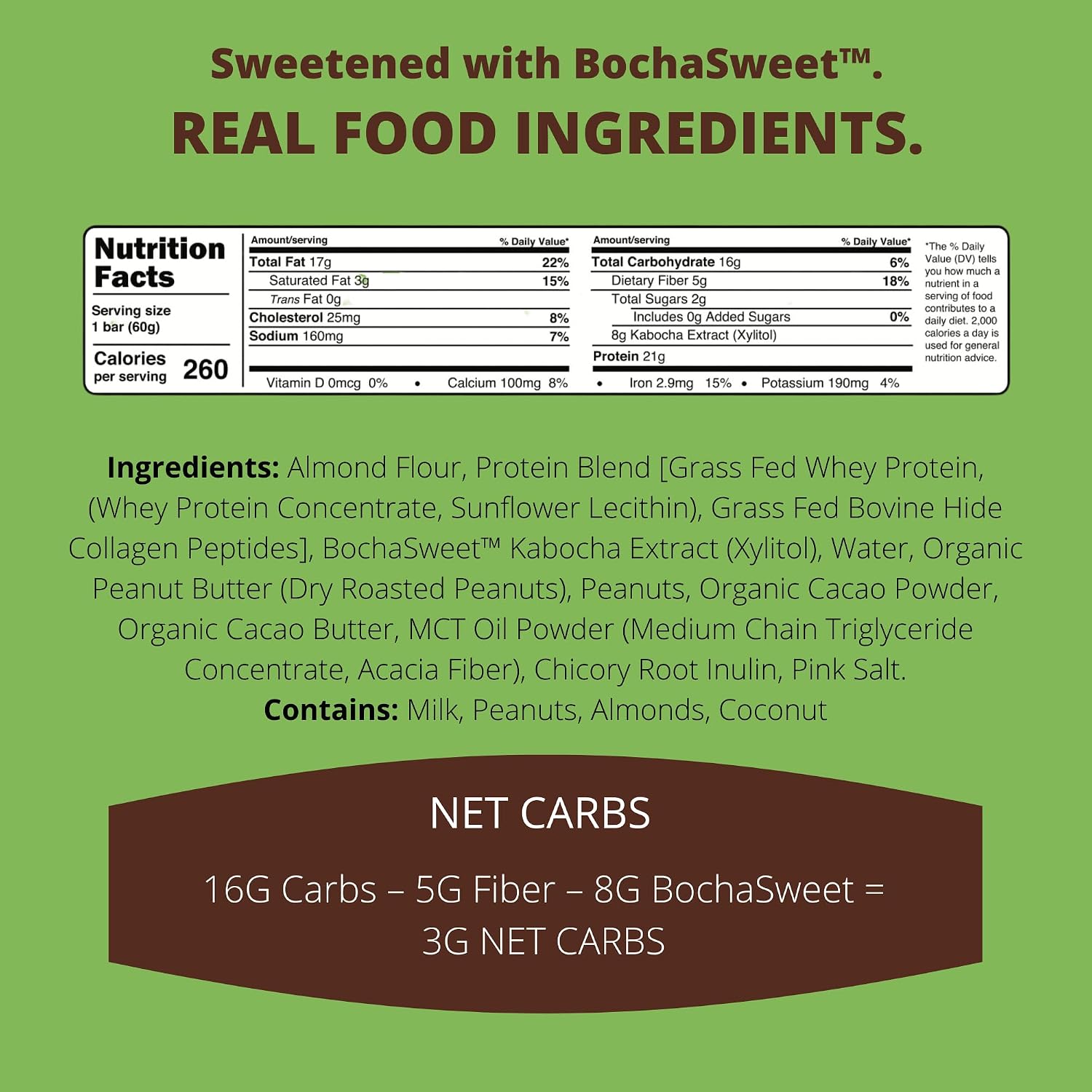 BochaSweet Keto Protein Bar, Chocolate Peanut Butter BochaBar, 21g Grass Fed Collagen, Low Carb, Keto-Friendly, Gluten Free, 12 Count image 2