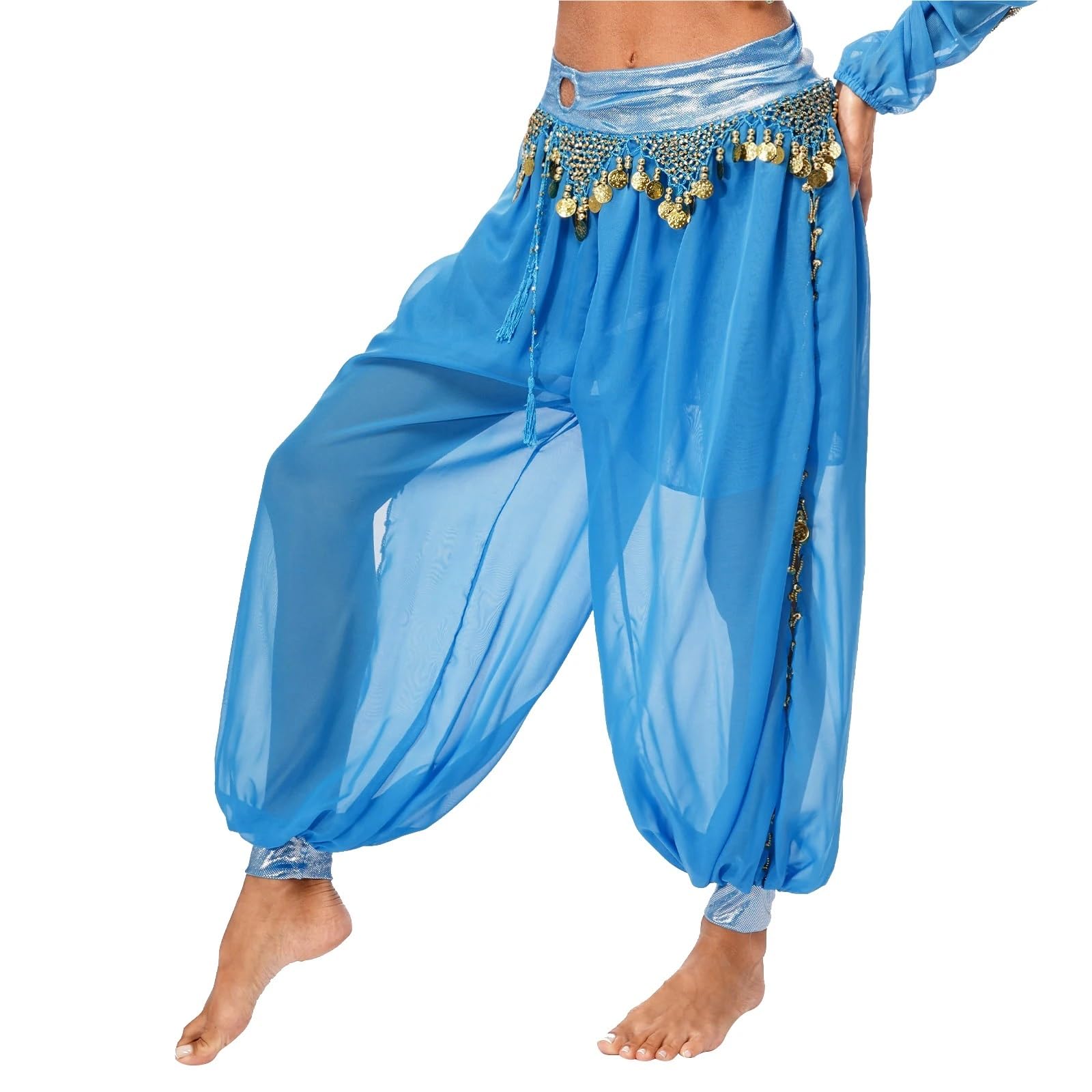 Arabische Prinzessin Bauchtanz-Kostüm for Damen, Märchen-Quasten, Bloomers, Tribal-Hose, metallische, gerüschte, seitlich geteilte Haremshose