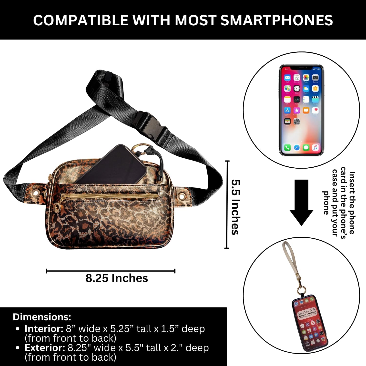 Save The Girls Cell Phone Sling - Women's Crossbody Handbag - Fanny Pack (Travelers Treasure) - Phone Case & Sling Purse (Leopard)
