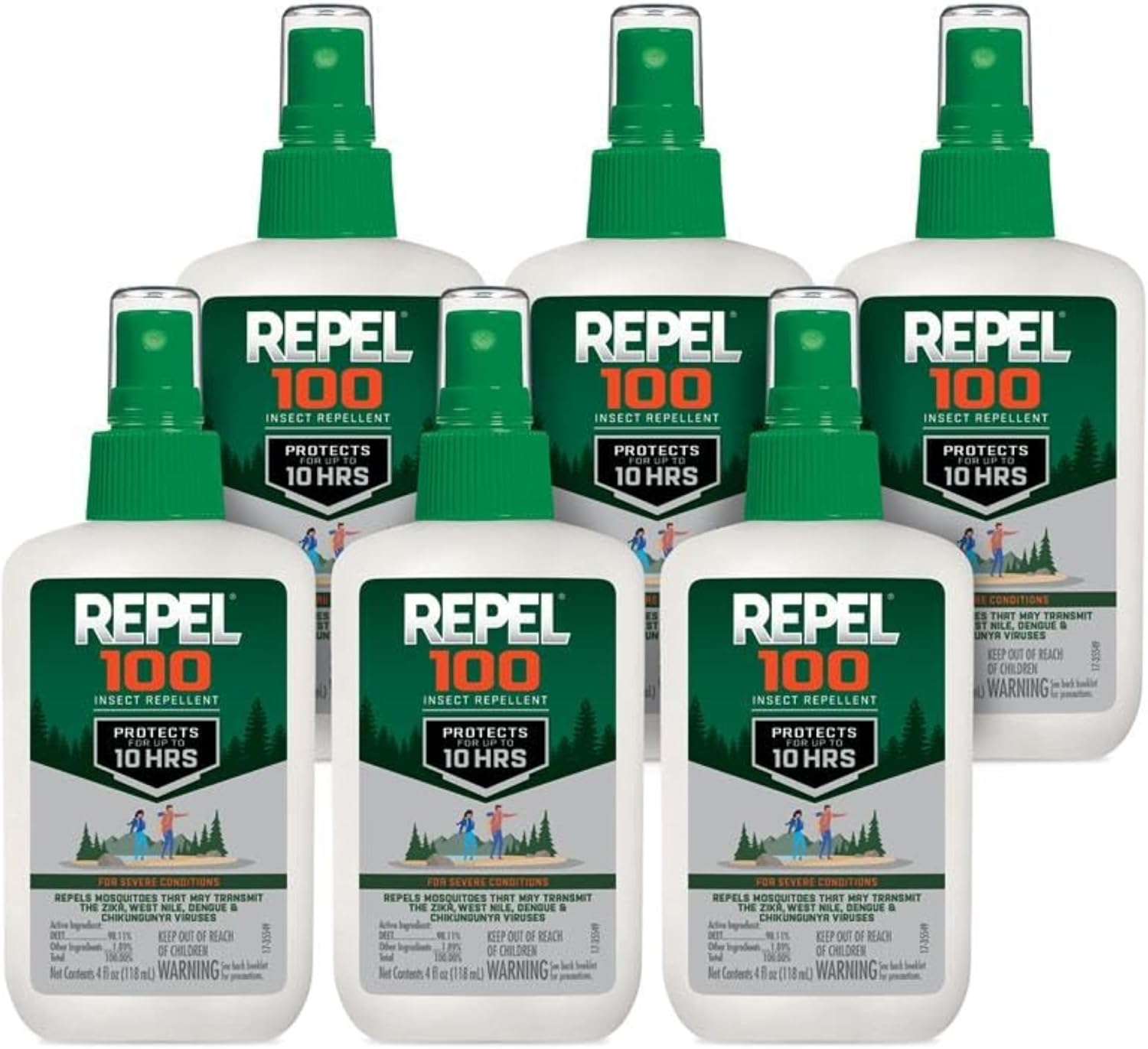 Repel 100 Insect Repellent, 4 Ounces, With DEET, 10-Hour Protection Long-Lasting Insect Repellent Pump Spray Repels Mosquitoes, Ticks, Gnats, Biting Flies, Chiggers And Fleas, 6 Pack