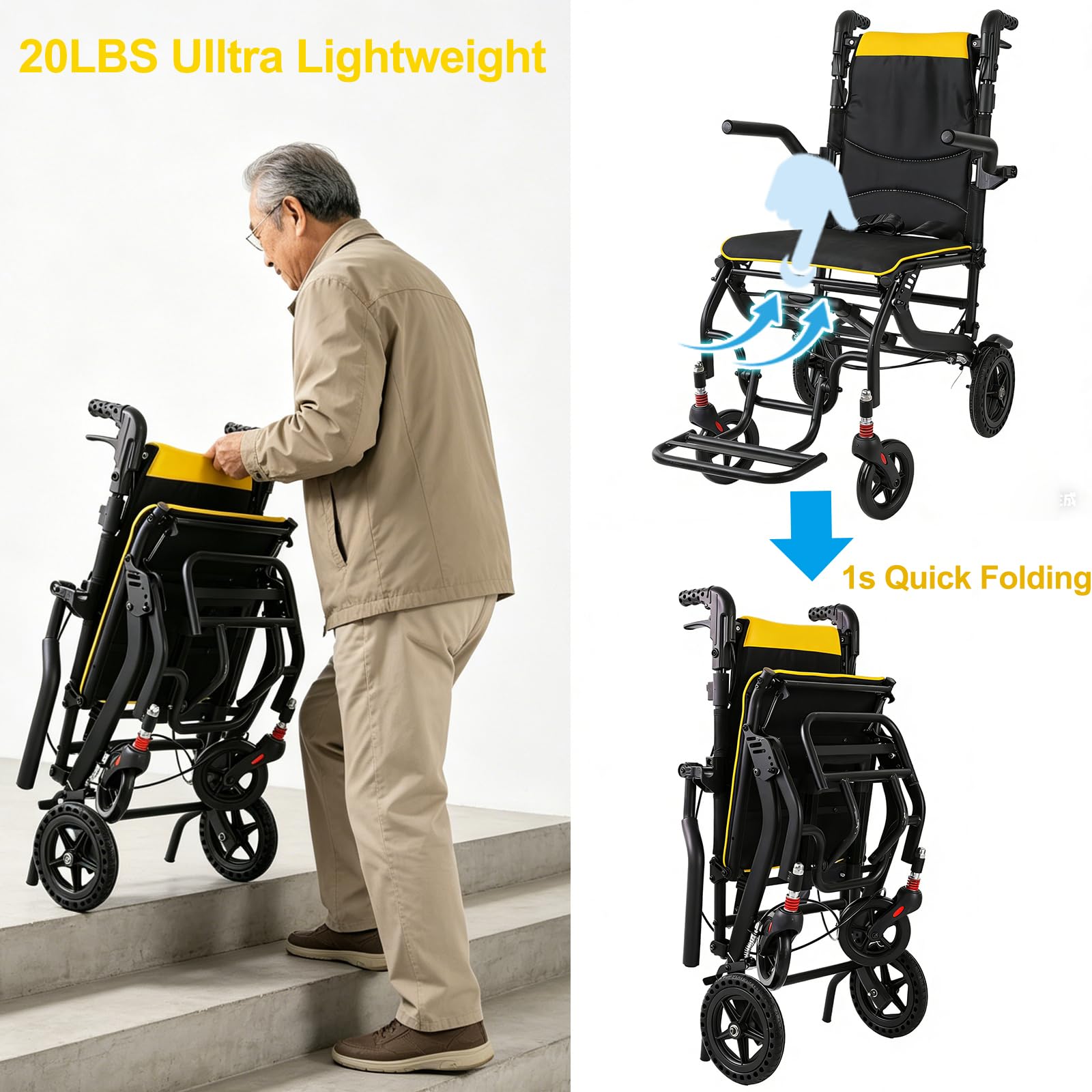 Silla de ruedas plegable ligera 2026, respaldo ajustable, neumáticos de panal de abeja de, sillas de transporte con mango telescópico, reposapiés plegables y reposabrazos, hasta 100kg