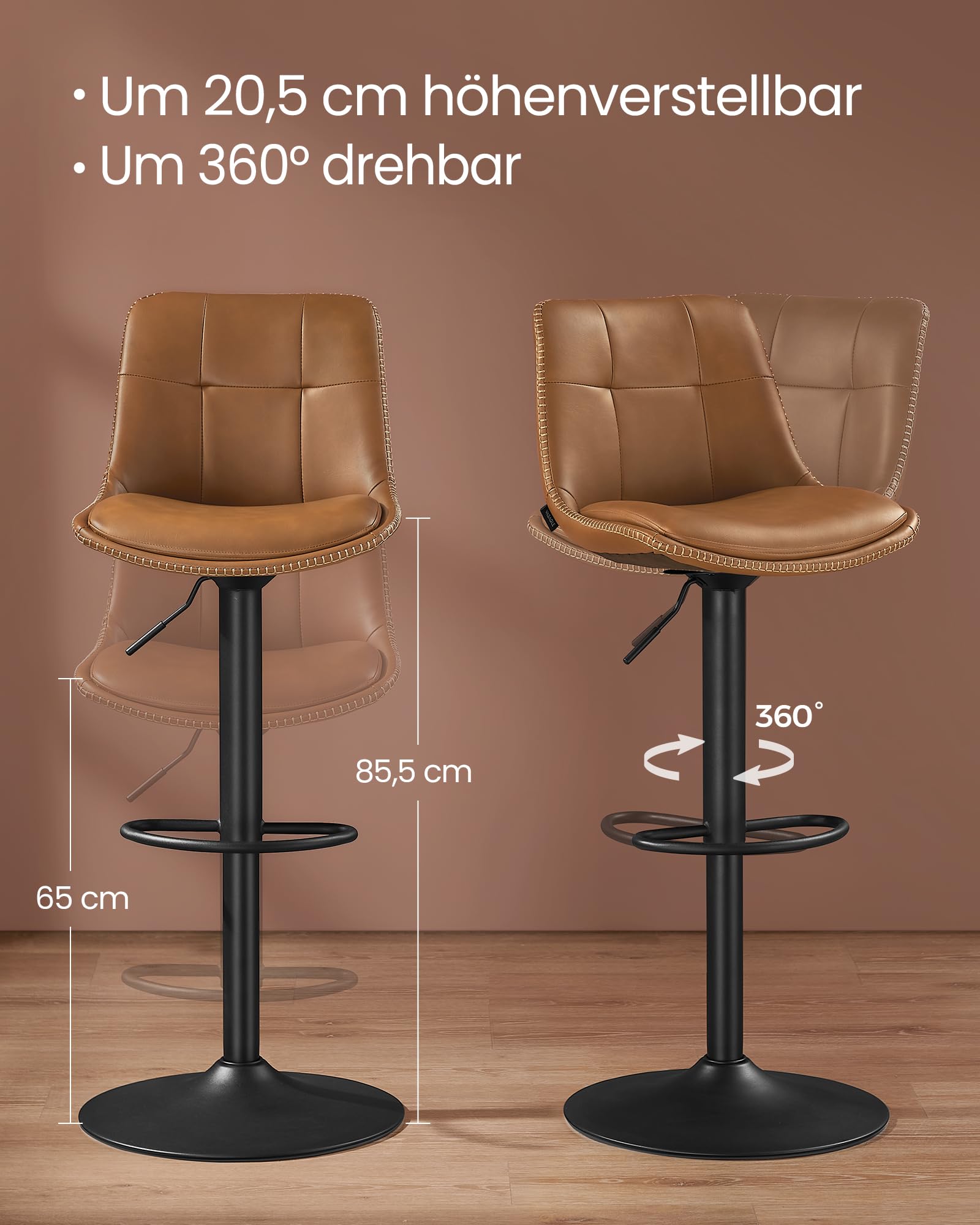 VASAGLE Barhocker 2er Set, Barstühle höhenverstellbar, drehbare Küchenhocker, gesteppter PU-Bezug, mit Rückenlehne und Fußstütze, Esszimmer, Theke, Stahl, karamellbraun LJB095K01