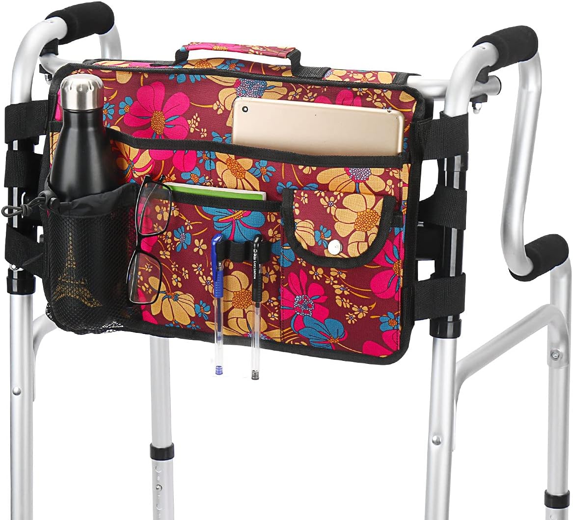 Walker Bag-Double Sided Walker Pouch with 9 Pockets for Large Capacity Water Resistant Tote Folding Walker Basket Caddy Universal fit Walker, rollator (Flower) : Toys & Games