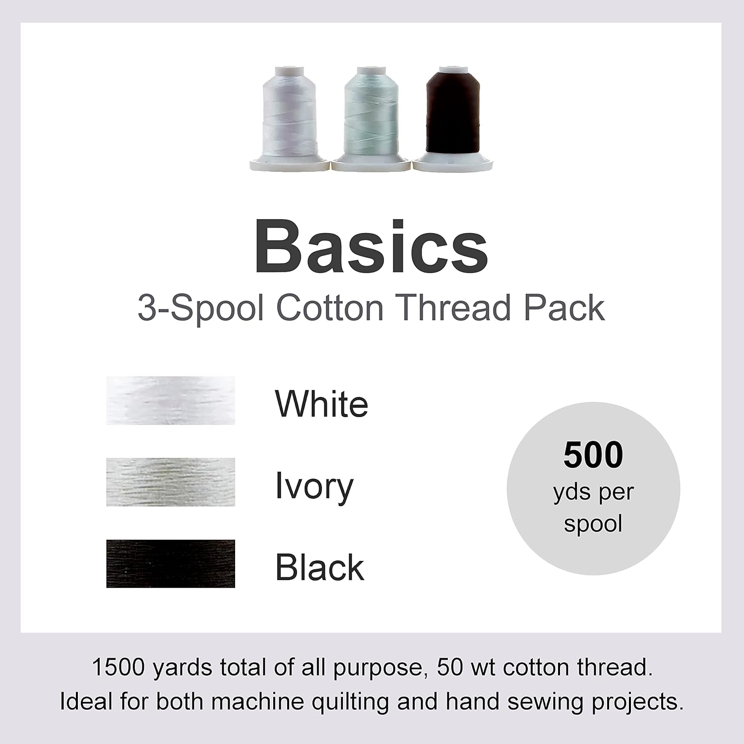 Missouri Star Quilt Co. Double Mercerized Cotton Thread, 50wt, Heavy Duty All Purpose Quilting Thread, 500 Yards per Spool, White, Ivory, Black