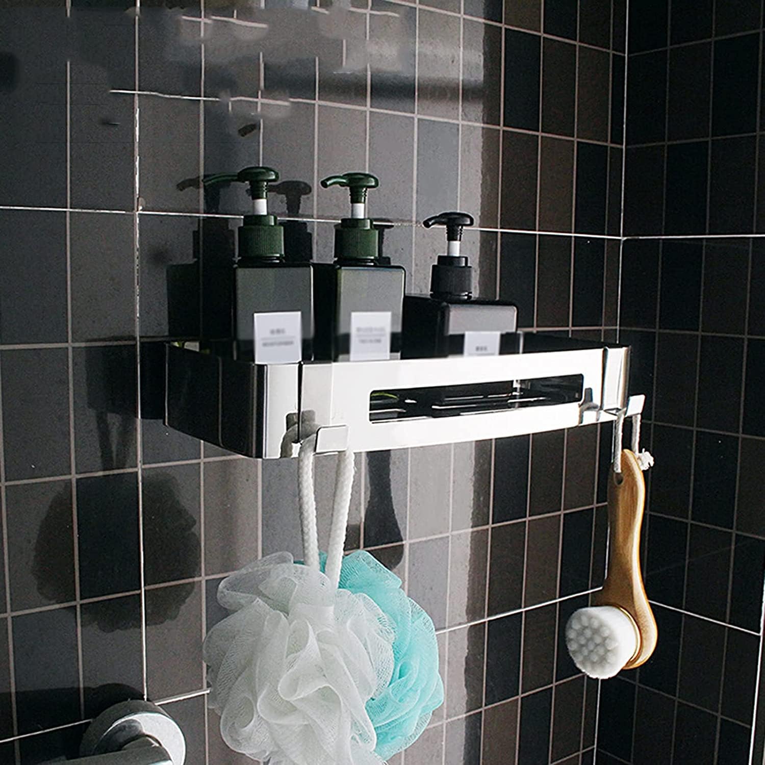 Mensola Bagno Mensola Portaoggetti da Doccia in Acciaio Inox con Ganci Parete per Bagno Senza Perforazione Scaffale Doccia(30.3 * 12.5 * 5cm)