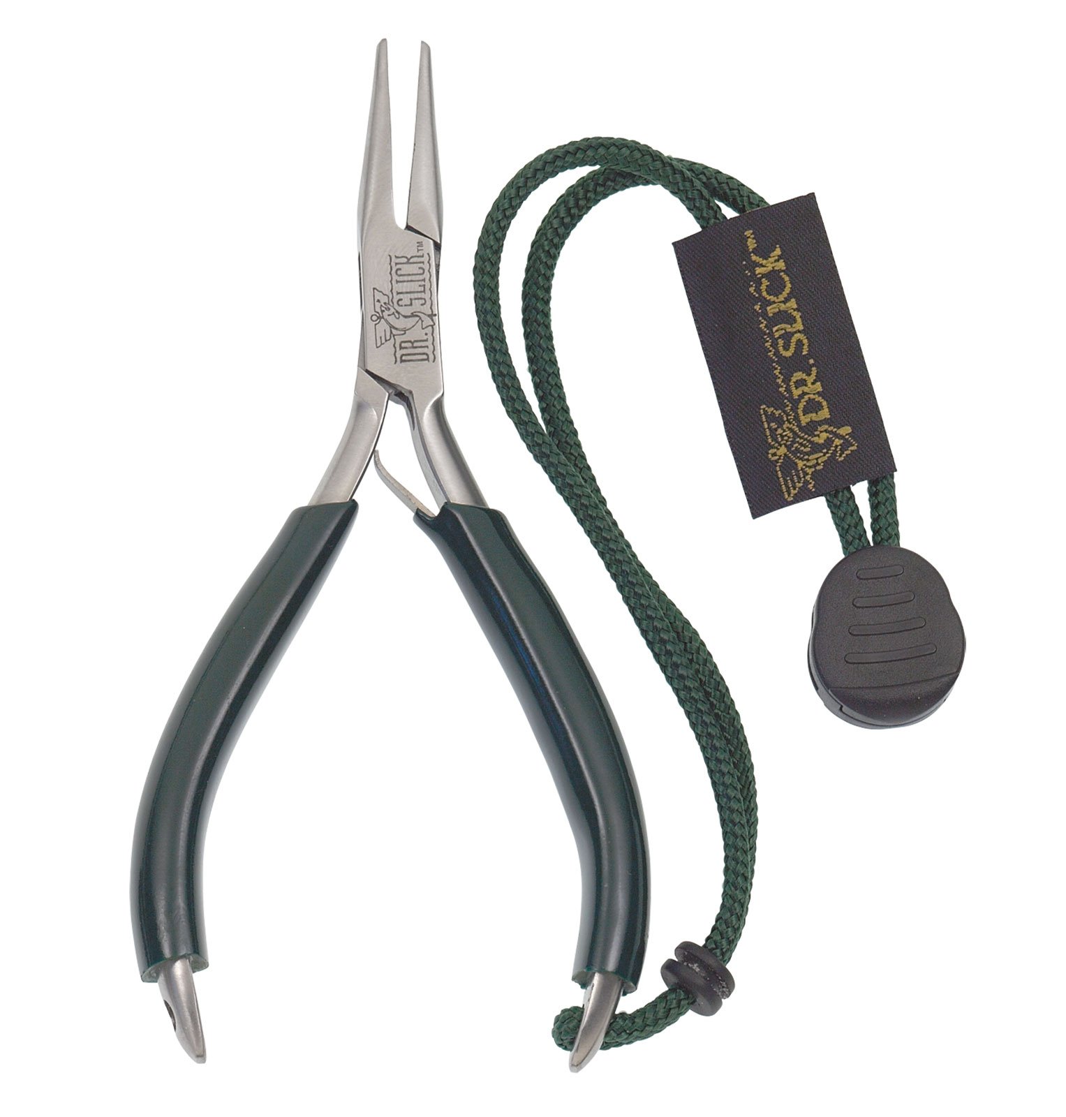 Dr. Slick Barb Plier, 5", Green PVC Handles, w/Bungee Lanyard, Straight (IMPROVED)