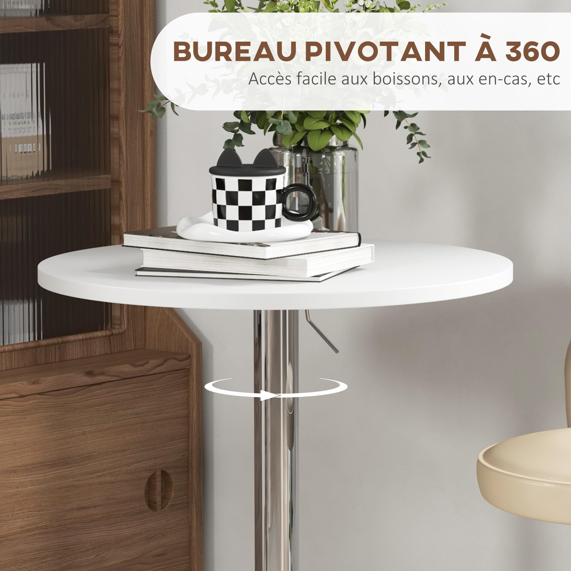 HOMCOM Table de Bar Ronde Hauteur Réglable 69-91 cm Blanc Argenté