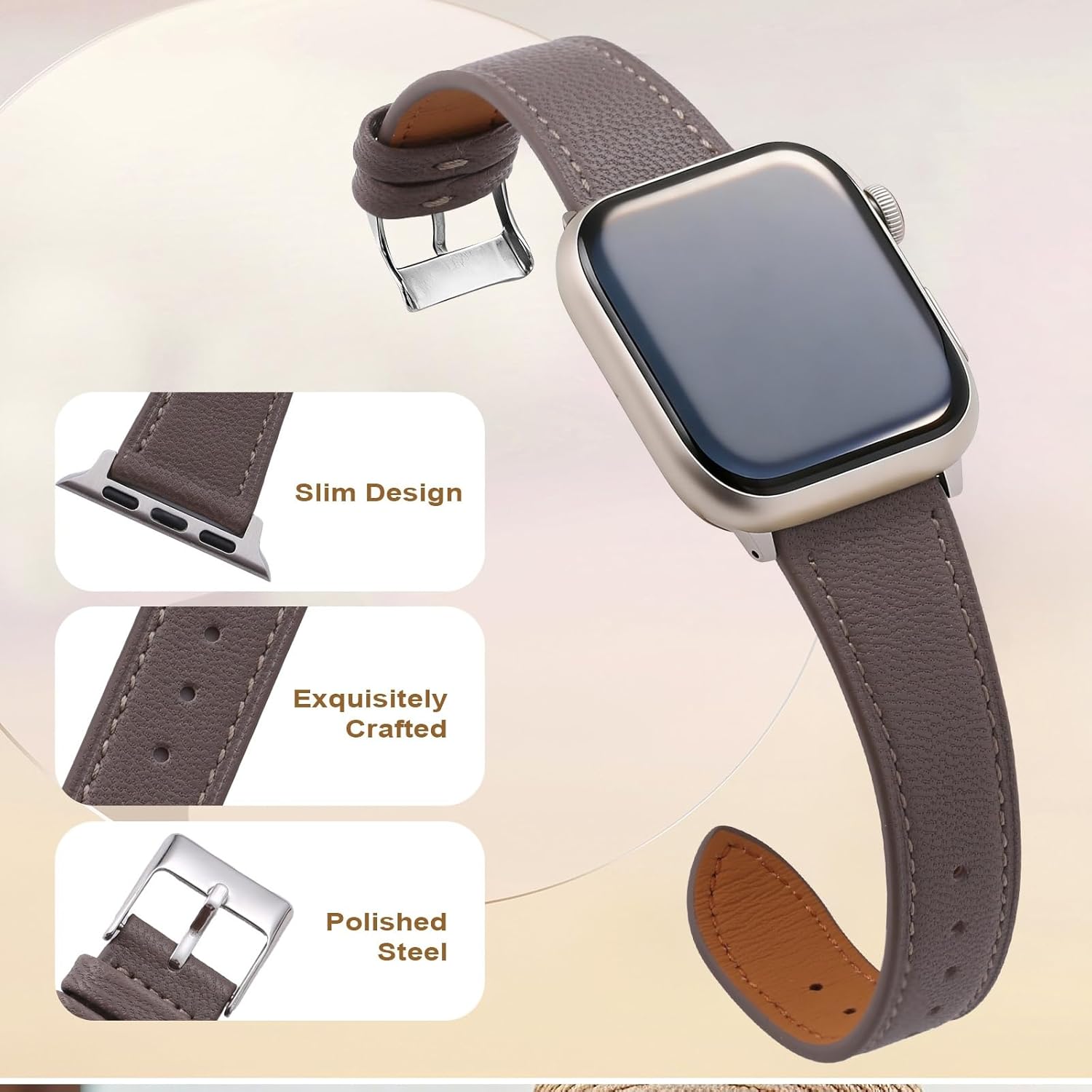 Slim Soft Women Leather Bands Compatible with Apple Watch Band 38mm 40mm 41mm 42mm, Top Grain Thin Straps Goatskin Leather Wristband for iWatch Serise 11/10/9/8/7/6/5/4/3/2/1/SE