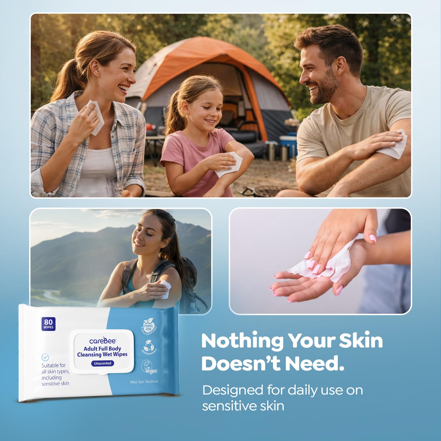Salviette per il corpo per adulti, prive di plastica, a base vegetale, certificate FSC, biodegradabili e vegane, salviette detergenti dermatologicamente testate per freschezza e igiene