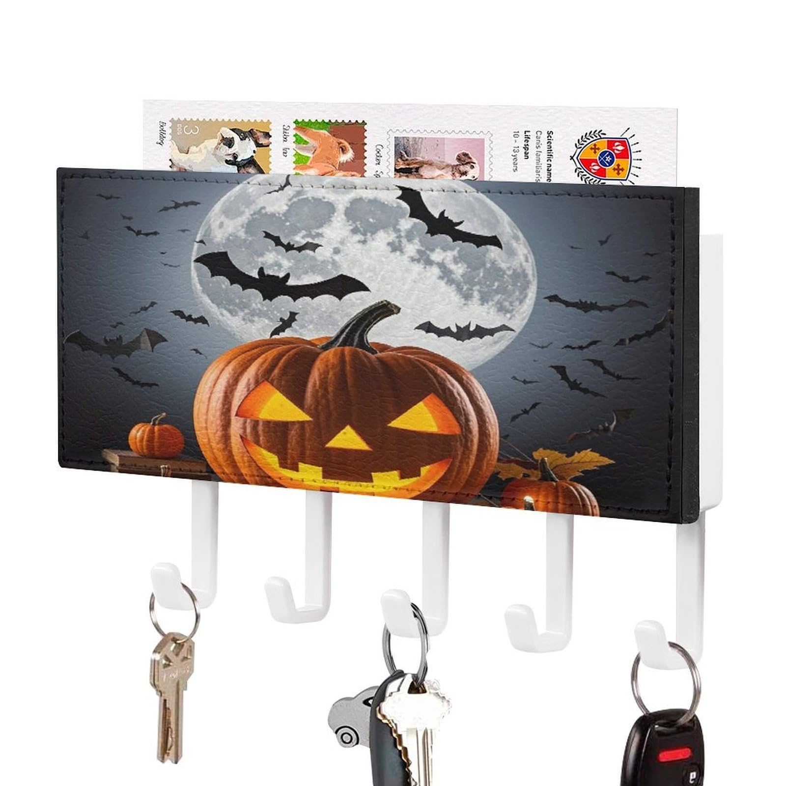 Fekiloot White-Style Halloween Moon Bat Pumpkin Key Holder Wall Mount Key Hanger With 5 Hooks Decorative Key Rack Hanging Key Hooks With Mail Organizer Key Holder For Wall Living Room Kitchen Bathroom Hallway White