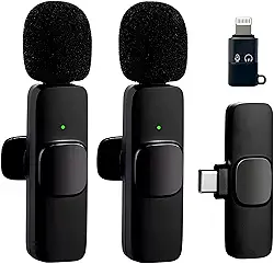Microfone de Lapela Sem Fio Premium para Celular e PC com 2 Unidades – Bluetooth, Redução de Ruído, Compatível com iPhone, Android USB-C, Câmera DSLR, YouTube, Entrevistas, Vídeos