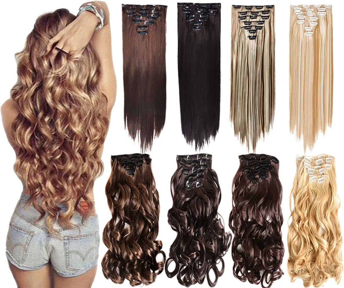 7Pcs 16 Clips 20-24 Inch Thick Double Weft Full Head Clip in Hair Extensions Curly Straight Wavy Hairpiece 8 colors (24" Straight, 6H613 Ginger Brown Mix Light Blonde)