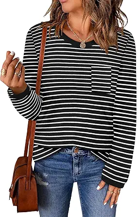 ONLYSHE Women's Casual Striped Long Sleeve Tops Crew Neck Knit Basic Loose Fit T Shirts Fall Fashion Tunic Outfits