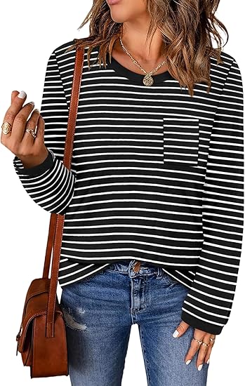 ONLYSHE Women's Casual Striped Long Sleeve Tops Crew Neck Knit Basic Loose Fit T Shirts Fall Fashion Tunic Outfits