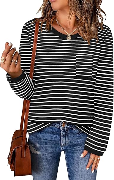 ONLYSHE Women's Casual Striped Long Sleeve Tops Crew Neck Knit Basic Loose Fit T Shirts Fall Fashion Tunic Outfits
