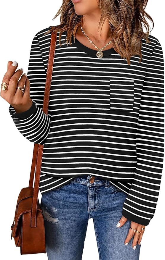 ONLYSHE Women's Casual Striped Long Sleeve Tops Crew Neck Knit Basic Loose Fit T Shirts Fall Fashion Tunic Outfits