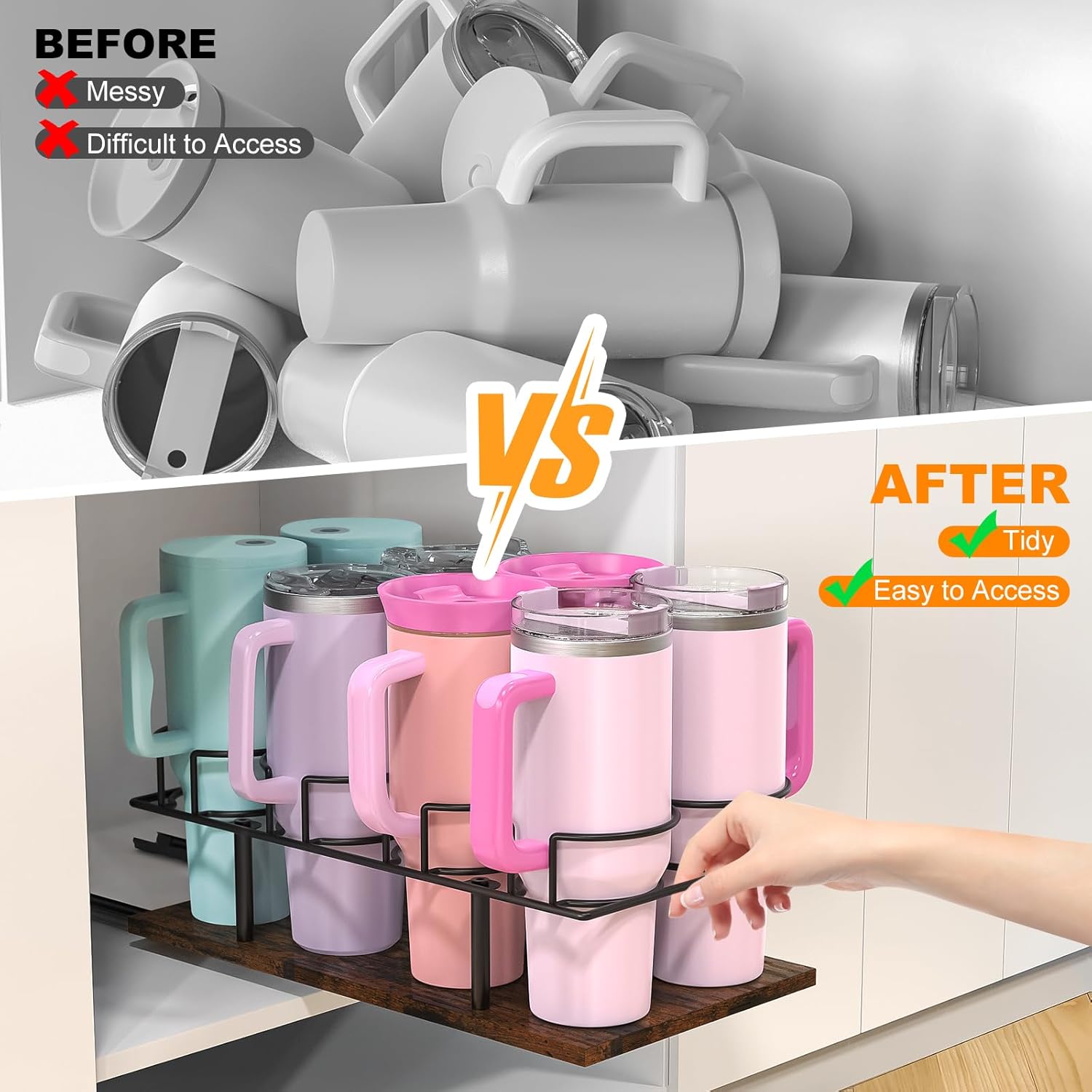 Housolution Pull Out Water Bottle Organizer for Cabinet, Slide Out Tumbler Storage Organizer for 10 to 40 oz Cups, Sliding Cup Holder Rack Compatible with Stanley, Owala and Other Brands (Patented) - Image 7