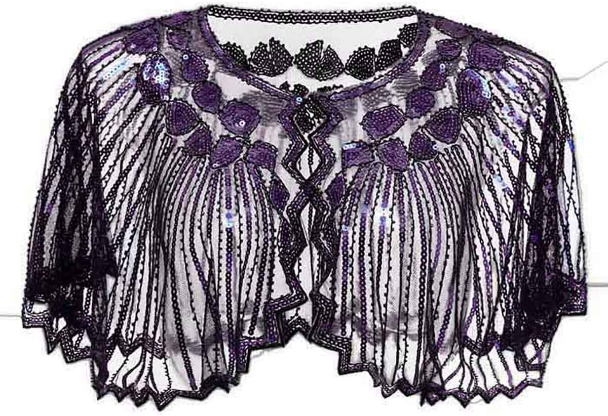 Lamosi Women's 1920s Shawl Beaded Sequin Deco Wedding Cape Evening Wrap Flapper Cover Up-Black+Purple