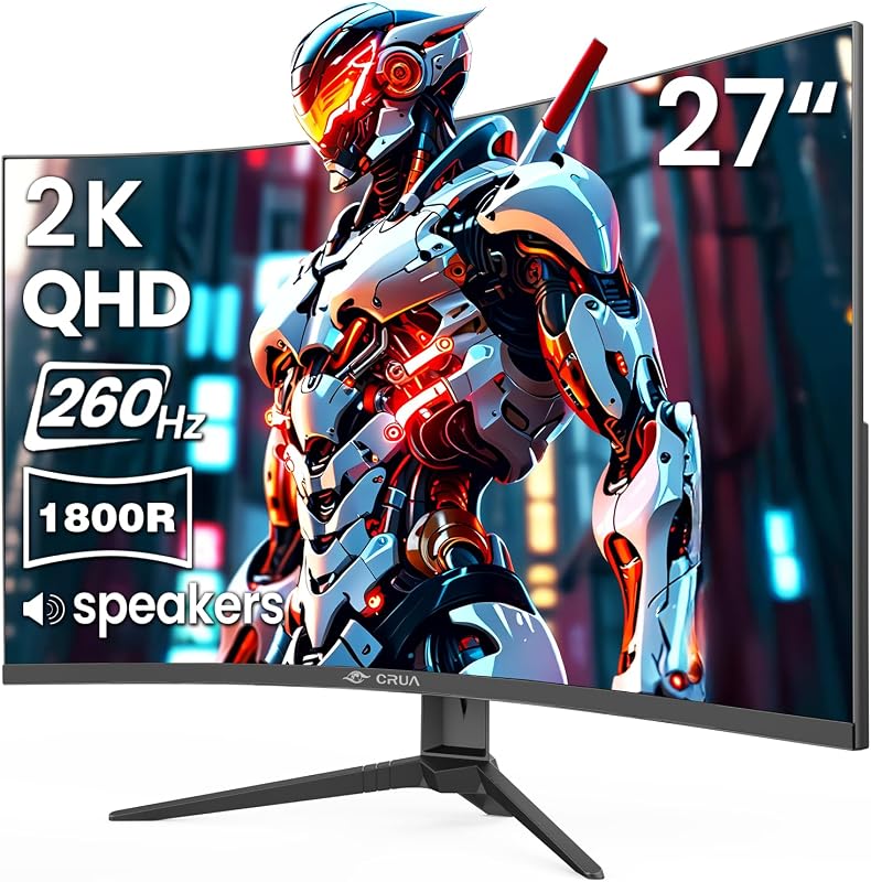 Monitor de juegos curvo QHD de 27 pulgadas, 260 Hz, 1800R VA, parlantes incorporados | FreeSync, 120% sRGB, Luz azul, HDMI 2.0, DP 1.4, Montaje en pared 100x100, FPS, Deportes electrónicos, Carreras, Streaming, Películas, Escritorio de trabajo, PC