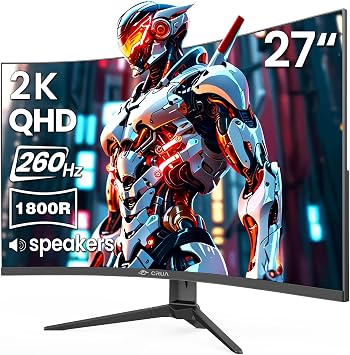CRUA 27 Curved Gaming Monitor 260Hz/240Hz, QHD 1440P 1800R VA Panel Computer Monitor with Built-in Speakers, Support AMD FreeSync, 120% sRGB, Blue Light Filter, HDMI2.0 & DP1.4, Wall Mountable-Black