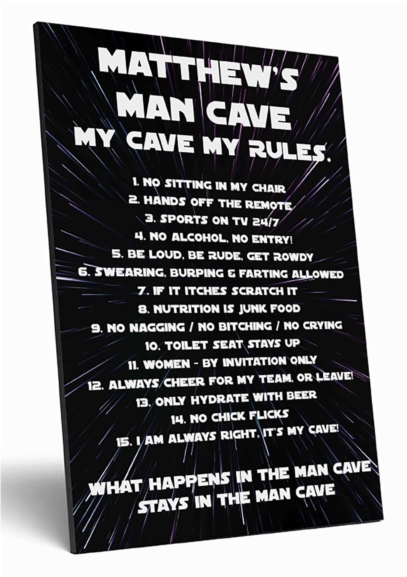 The Plum Penguin Men's Star Galaxy Sky Personalised Man Cave Sign Wooden Funny A4 Wood Wall Art For Dad Grandad Uncle My Cave, My Rules Mdf Custom Plaque (Star Galaxy Sky)