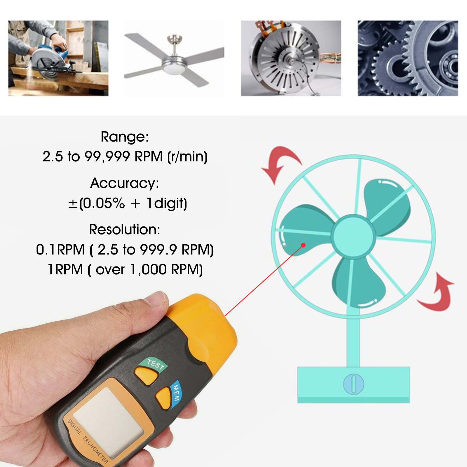 Kethvoz Tachymètre Numérique RPM Meter, Industrial Laser Photo Tach Meter avec ruban à Mesurer Réfléchissant Vitesse de Rotation 2,5-99999 RPM pour Moteur Voiture Bateau Scooter Tronçonneuse