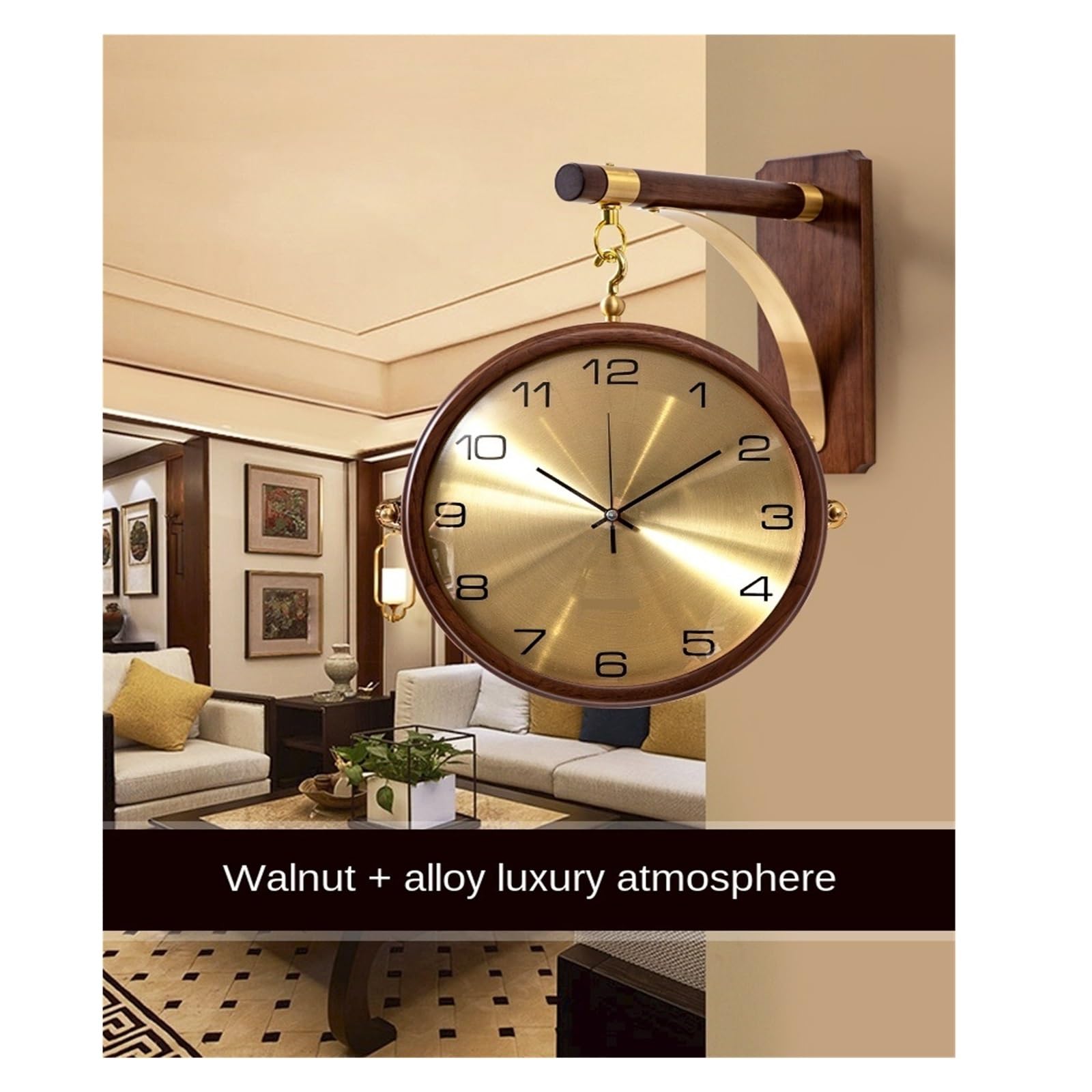 Reloj De Pared Lateral Doble Lujo, Madera Maciza Giratorio Silencioso Metal, Relojes Grandes Modernos, Decoración del Hogar, La Sala Estar Preciso Y Silencioso(360 Walnut Copper)