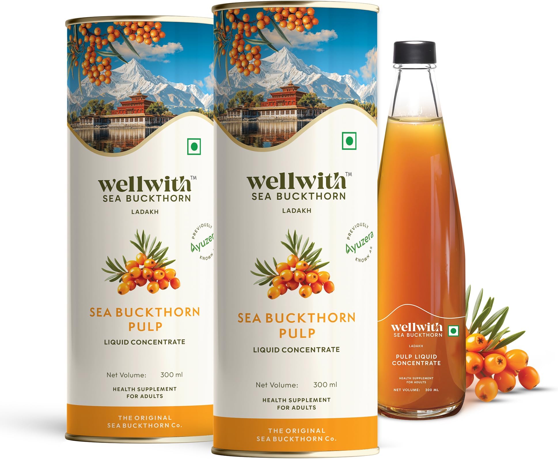 Ayuzera Himalayan Sea Buckthorn Berry Pulp 300ml | Plant Based Vegan Omega 3, 6, 7 and 9 | No Fish Oil | Natural & Organic | Upto 50 Glass Juice | Rich in Antioxidants, Vitamins (300ml, Pack Of 2)