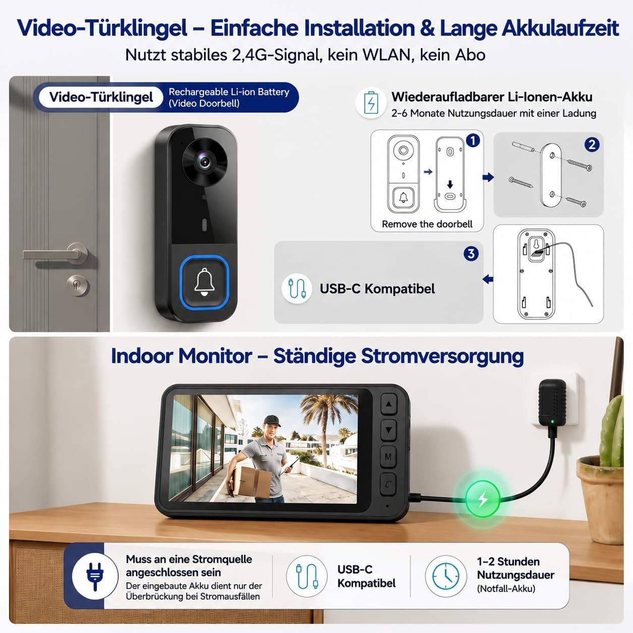 Türklingel mit Kamera, Funkklingel mit Kamera und 4,5 Zoll IPS Monitor, Video Türsprechanlage Kabellos Ohne WLAN & App, 120° Weitwinkel, 2-Wege-Audio, Nachtsicht, IP65 Wasserdicht, Klingel Haustür