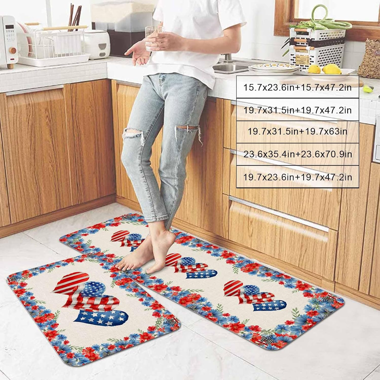 Independence Day Kitchen Mat Set 2 Pieces Watercolor Red Blue Heart Flag Floral Linen Texture Non Slip Kitchen Rugs Washable Runner Rug Mats for Sink Laundry (19.7" x 31.5"+19.7" x 47.2")