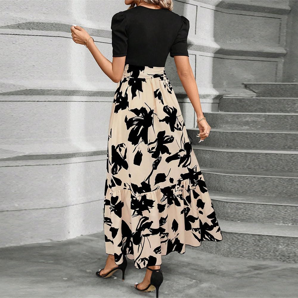 Vestito Donna Stampa Floreale Maniche Corte Scollo Rotondo Abiti Elegante Orlo a Volant Estivo Vestiti da Cocktail Party