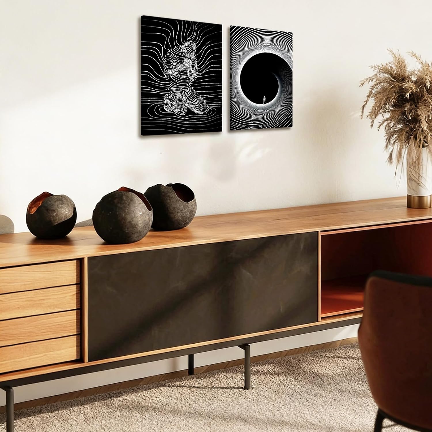 AUUAUU Abstract Line Art Wall Art Set of 2, 16x24 Inch Minimalist Black and White Canvas Prints Modern Geometric Framed Posters Prints for Living Room Bedroom Office Wall Decor